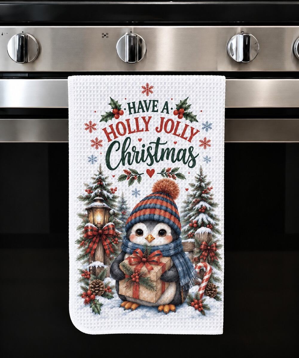 Holly Jolly Christmas Penguin Holiday Kitchen Towel